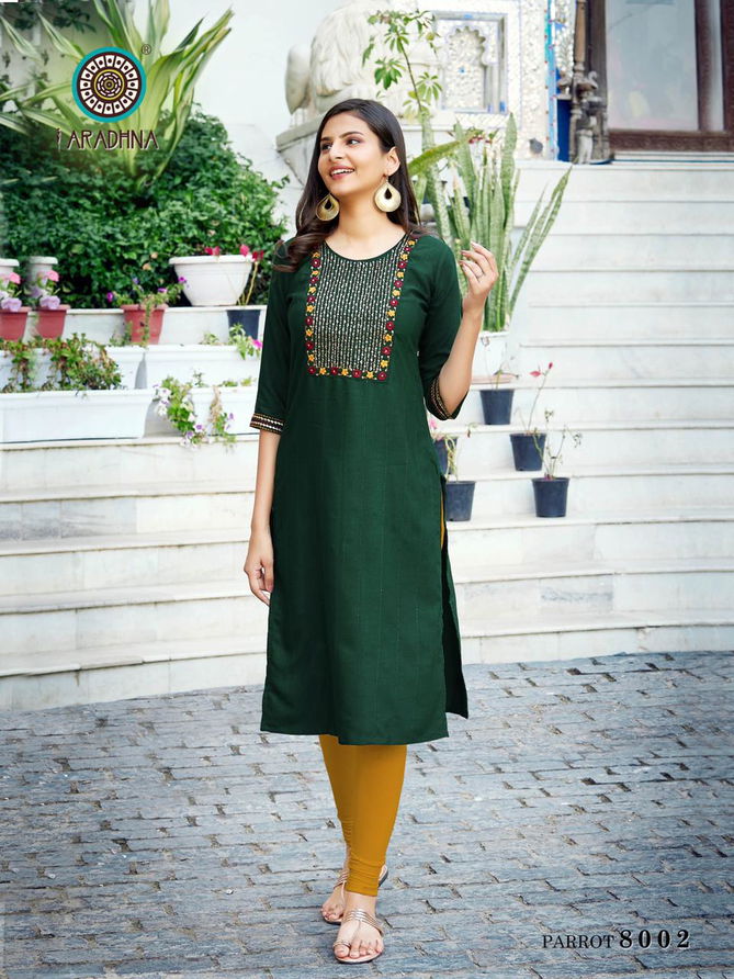 Aradhna Parrot 8 Designer Party Wear Heavy rayon Embroidery Kurti Collection